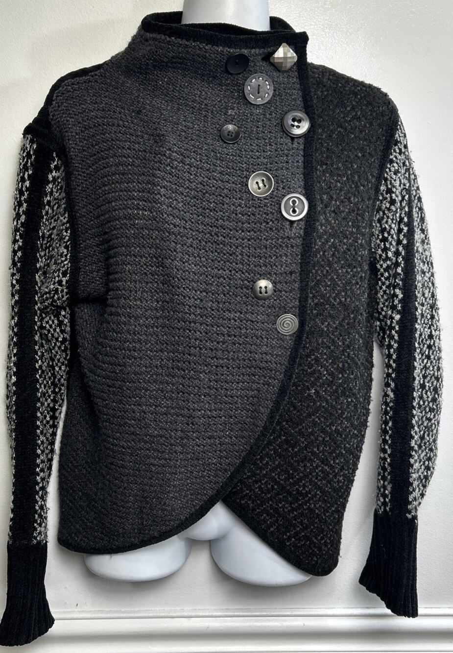 Vintage Curio Boho Cardigan Sweater Size Large Unique Buttons Black Boho Artsy